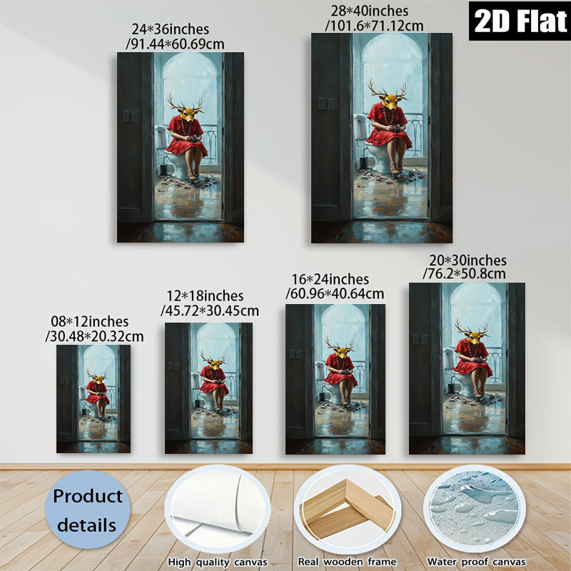 2D flat 1pc Whimsical Deer Lady Bathroom Portrait Wall Art Modern Farmhouse Decor Living Room Bedroom Canvas Prints Cozy Home Gallery Wrapped