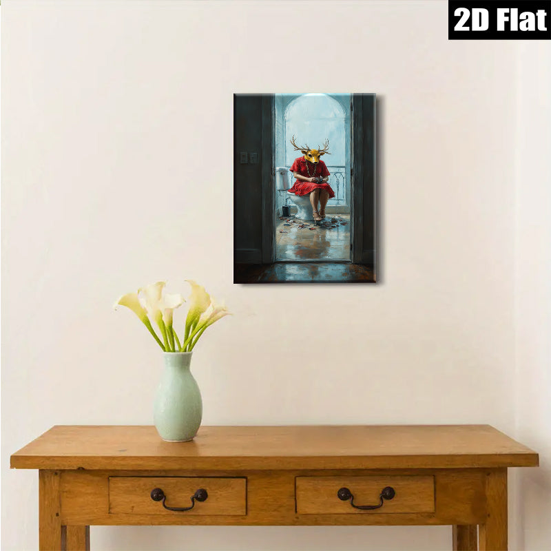 2D flat 1pc Whimsical Deer Lady Bathroom Portrait Wall Art Modern Farmhouse Decor Living Room Bedroom Canvas Prints Cozy Home Gallery Wrapped