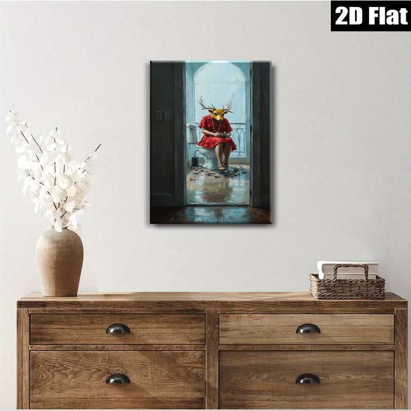 2D flat 1pc Whimsical Deer Lady Bathroom Portrait Wall Art Modern Farmhouse Decor Living Room Bedroom Canvas Prints Cozy Home Gallery Wrapped