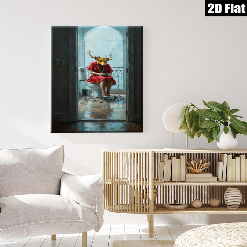 2D flat 1pc Whimsical Deer Lady Bathroom Portrait Wall Art Modern Farmhouse Decor Living Room Bedroom Canvas Prints Cozy Home Gallery Wrapped