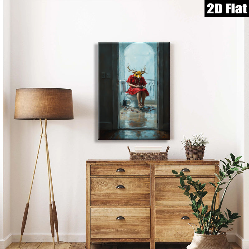 2D flat 1pc Whimsical Deer Lady Bathroom Portrait Wall Art Modern Farmhouse Decor Living Room Bedroom Canvas Prints Cozy Home Gallery Wrapped