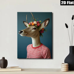 2D flat 1pc Whimsical Deer Portrait with Floral Crown Gallery Wall Art Living Room Bedroom Decor Farmhouse Style Modern Canvas Prints for Home Office Apartment