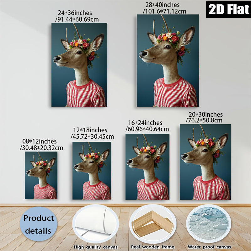 2D flat 1pc Whimsical Deer Portrait with Floral Crown Gallery Wall Art Living Room Bedroom Decor Farmhouse Style Modern Canvas Prints for Home Office Apartment