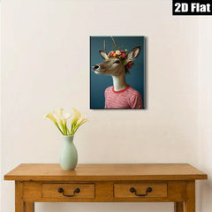 2D flat 1pc Whimsical Deer Portrait with Floral Crown Gallery Wall Art Living Room Bedroom Decor Farmhouse Style Modern Canvas Prints for Home Office Apartment