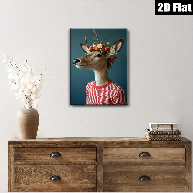 2D flat 1pc Whimsical Deer Portrait with Floral Crown Gallery Wall Art Living Room Bedroom Decor Farmhouse Style Modern Canvas Prints for Home Office Apartment