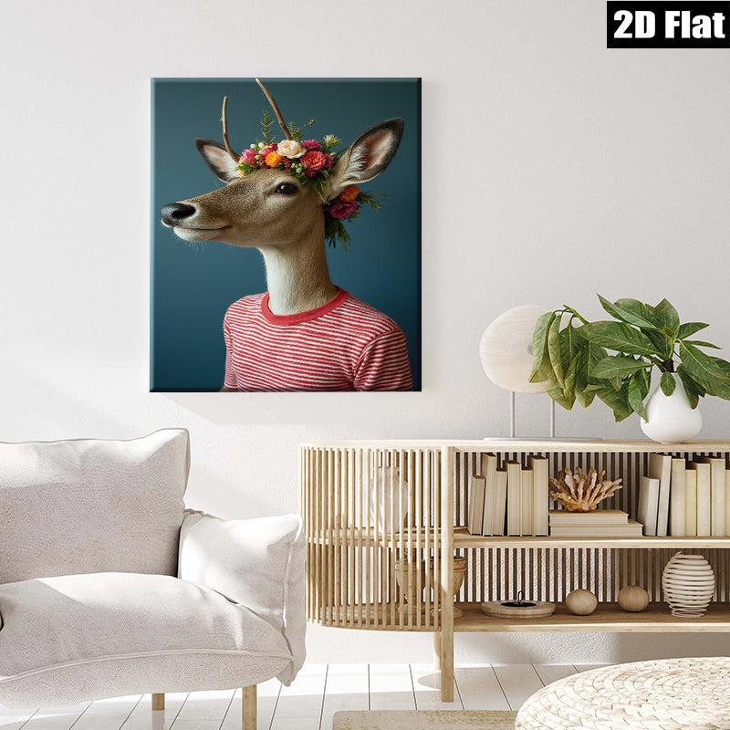2D flat 1pc Whimsical Deer Portrait with Floral Crown Gallery Wall Art Living Room Bedroom Decor Farmhouse Style Modern Canvas Prints for Home Office Apartment