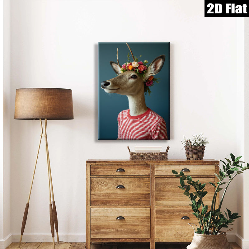 2D flat 1pc Whimsical Deer Portrait with Floral Crown Gallery Wall Art Living Room Bedroom Decor Farmhouse Style Modern Canvas Prints for Home Office Apartment