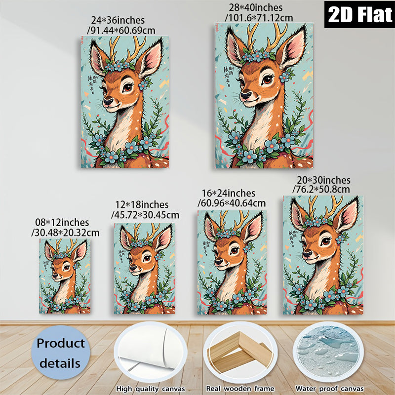 2D flat 1pc Whimsical Deer with Floral Crown Wall Art Decor for Living Room Bedroom Gallery Wrapped Canvas Prints Modern Farmhouse Style Home Decoration Cozy Aesthetic Trending Now