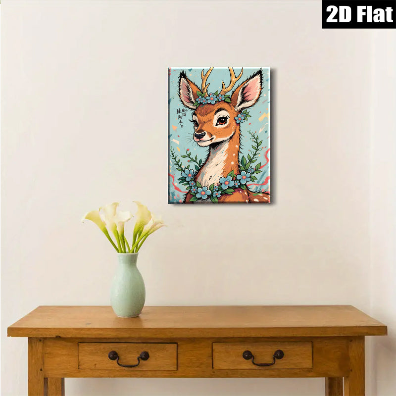 2D flat 1pc Whimsical Deer with Floral Crown Wall Art Decor for Living Room Bedroom Gallery Wrapped Canvas Prints Modern Farmhouse Style Home Decoration Cozy Aesthetic Trending Now