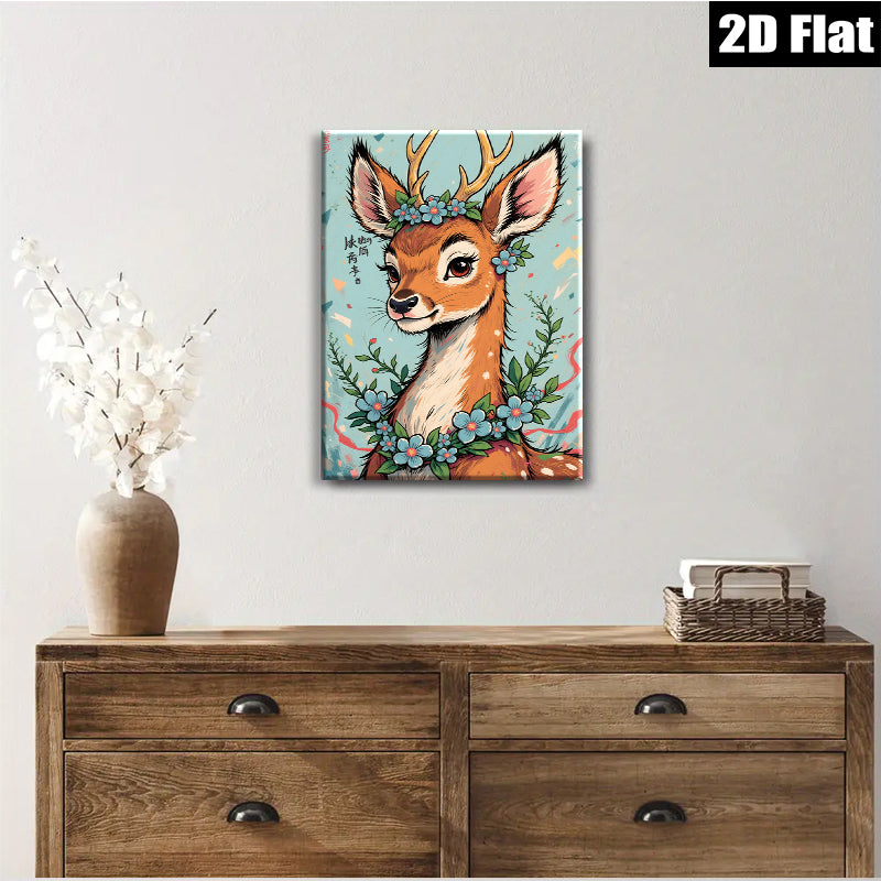 2D flat 1pc Whimsical Deer with Floral Crown Wall Art Decor for Living Room Bedroom Gallery Wrapped Canvas Prints Modern Farmhouse Style Home Decoration Cozy Aesthetic Trending Now