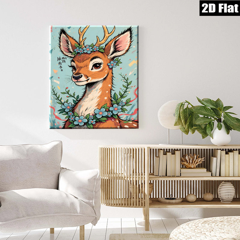 2D flat 1pc Whimsical Deer with Floral Crown Wall Art Decor for Living Room Bedroom Gallery Wrapped Canvas Prints Modern Farmhouse Style Home Decoration Cozy Aesthetic Trending Now