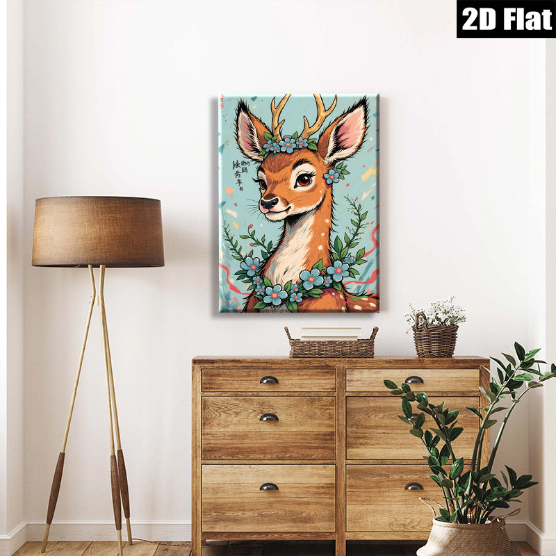 2D flat 1pc Whimsical Deer with Floral Crown Wall Art Decor for Living Room Bedroom Gallery Wrapped Canvas Prints Modern Farmhouse Style Home Decoration Cozy Aesthetic Trending Now
