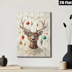 2D flat 1pc Whimsical Deer with Holiday Ornaments Farmhouse Wall Art Living Room Bedroom Decor Gallery Wrapped Canvas Prints for Home Office Cozy Vibes