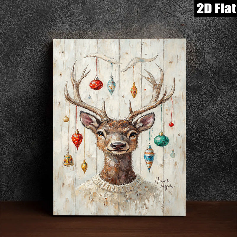 2D flat 1pc Whimsical Deer with Holiday Ornaments Farmhouse Wall Art Living Room Bedroom Decor Gallery Wrapped Canvas Prints for Home Office Cozy Vibes