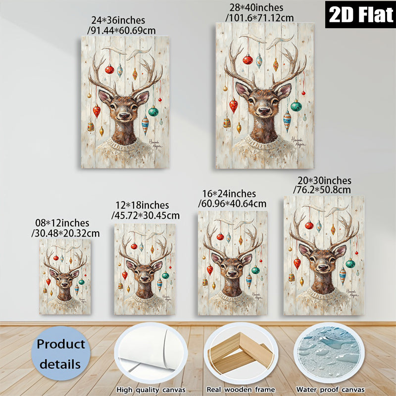 2D flat 1pc Whimsical Deer with Holiday Ornaments Farmhouse Wall Art Living Room Bedroom Decor Gallery Wrapped Canvas Prints for Home Office Cozy Vibes
