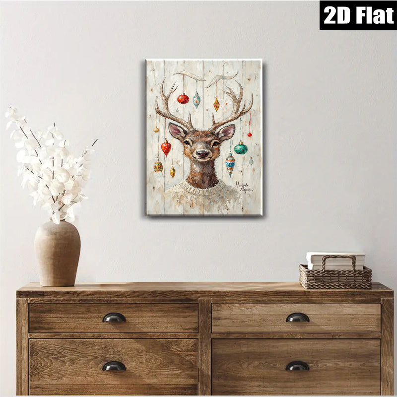2D flat 1pc Whimsical Deer with Holiday Ornaments Farmhouse Wall Art Living Room Bedroom Decor Gallery Wrapped Canvas Prints for Home Office Cozy Vibes