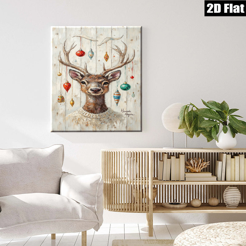 2D flat 1pc Whimsical Deer with Holiday Ornaments Farmhouse Wall Art Living Room Bedroom Decor Gallery Wrapped Canvas Prints for Home Office Cozy Vibes