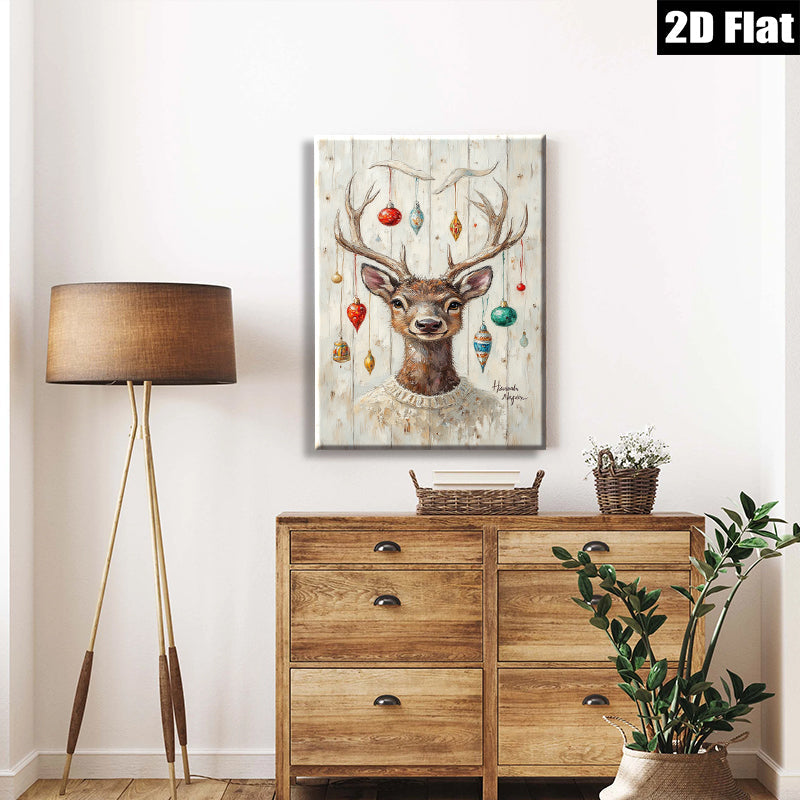 2D flat 1pc Whimsical Deer with Holiday Ornaments Farmhouse Wall Art Living Room Bedroom Decor Gallery Wrapped Canvas Prints for Home Office Cozy Vibes