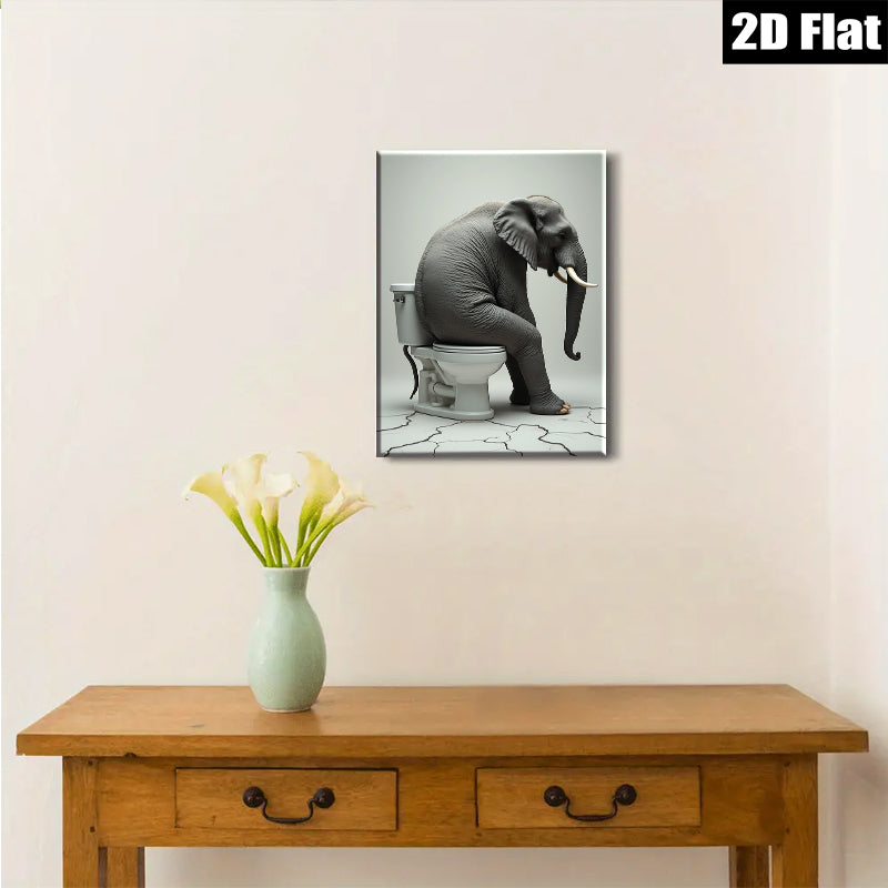 2D flat 1pc Whimsical Elephant Bathroom Humor Art Modern Wall Decor Living Room Bedroom Office Playful Canvas Print Gallery Wrapped Art Ready To Hang Farmhouse Style