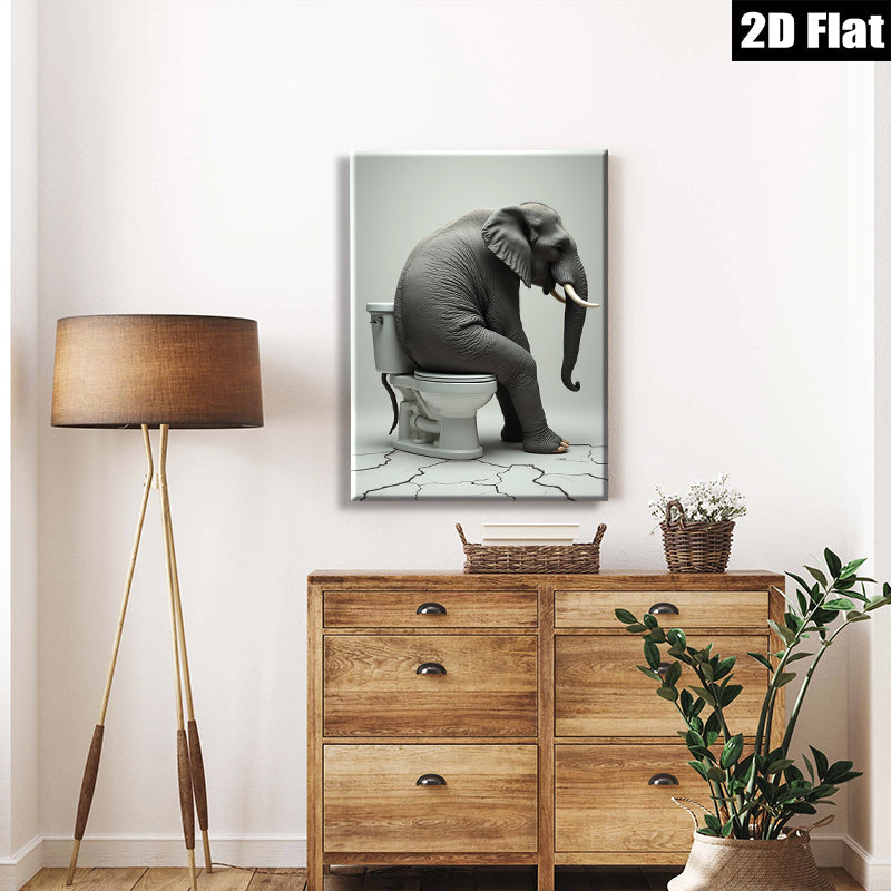 2D flat 1pc Whimsical Elephant Bathroom Humor Art Modern Wall Decor Living Room Bedroom Office Playful Canvas Print Gallery Wrapped Art Ready To Hang Farmhouse Style