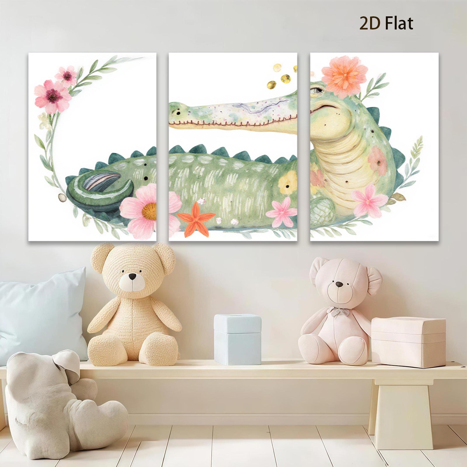 2D flat 1pc Whimsical Floral Crocodile Wall Art Nursery Decor Kids Room Playroom Canvas Prints Living Room Decoration Modern Farmhouse Style Rustic Chic Home Accents