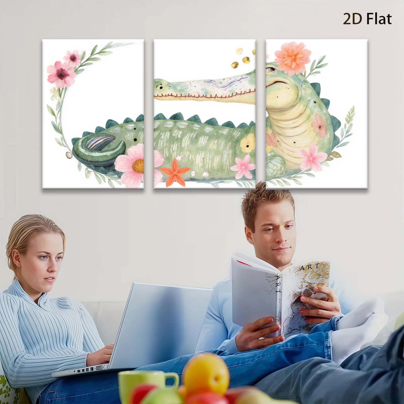 2D flat 1pc Whimsical Floral Crocodile Wall Art Nursery Decor Kids Room Playroom Canvas Prints Living Room Decoration Modern Farmhouse Style Rustic Chic Home Accents
