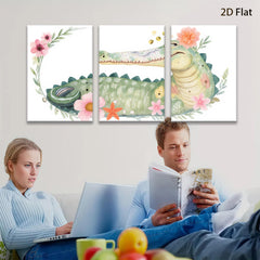 2D flat 1pc Whimsical Floral Crocodile Wall Art Nursery Decor Kids Room Playroom Canvas Prints Living Room Decoration Modern Farmhouse Style Rustic Chic Home Accents