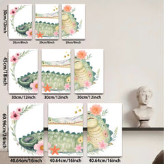 2D flat 1pc Whimsical Floral Crocodile Wall Art Nursery Decor Kids Room Playroom Canvas Prints Living Room Decoration Modern Farmhouse Style Rustic Chic Home Accents