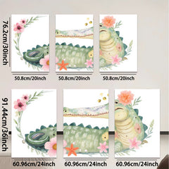 2D flat 1pc Whimsical Floral Crocodile Wall Art Nursery Decor Kids Room Playroom Canvas Prints Living Room Decoration Modern Farmhouse Style Rustic Chic Home Accents