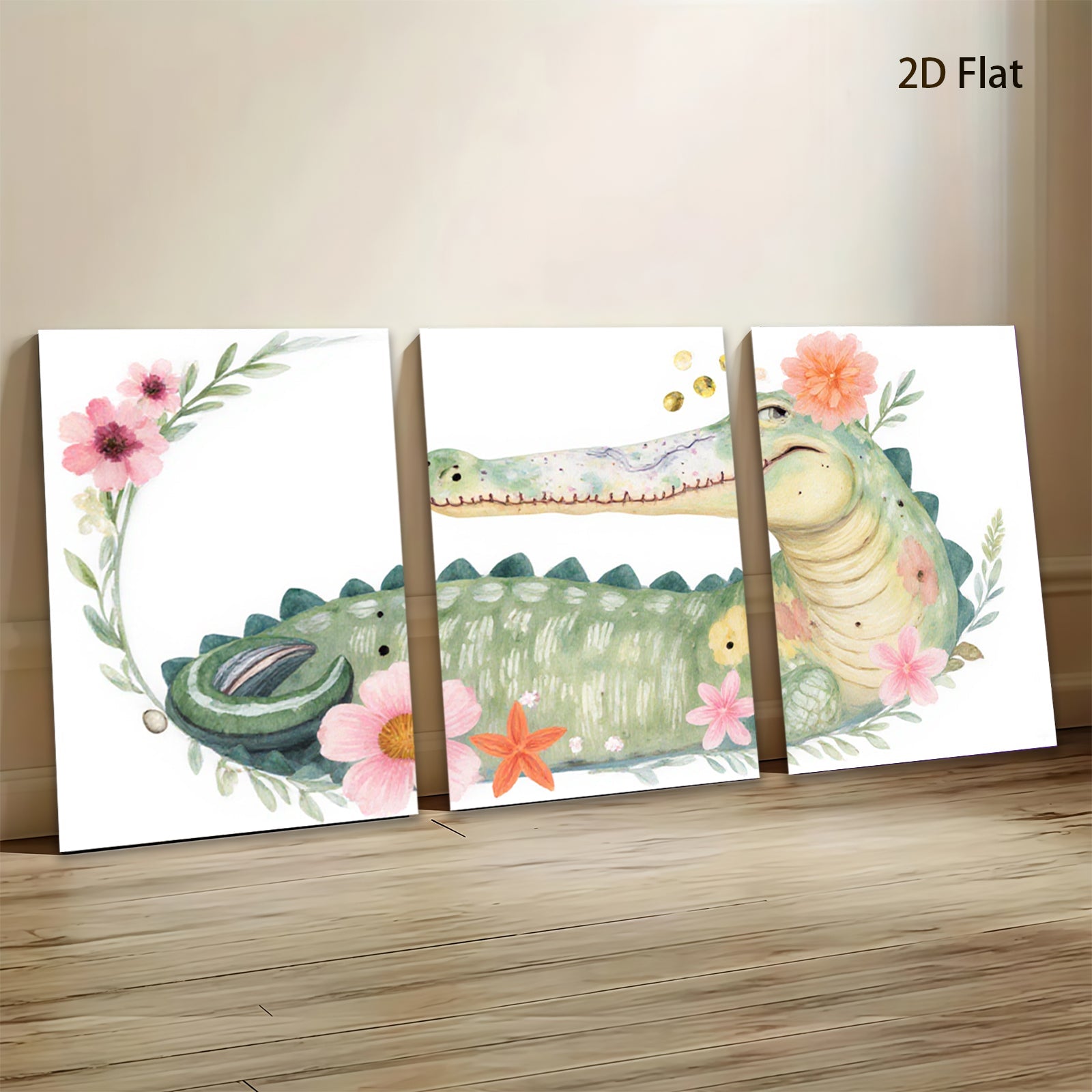 2D flat 1pc Whimsical Floral Crocodile Wall Art Nursery Decor Kids Room Playroom Canvas Prints Living Room Decoration Modern Farmhouse Style Rustic Chic Home Accents