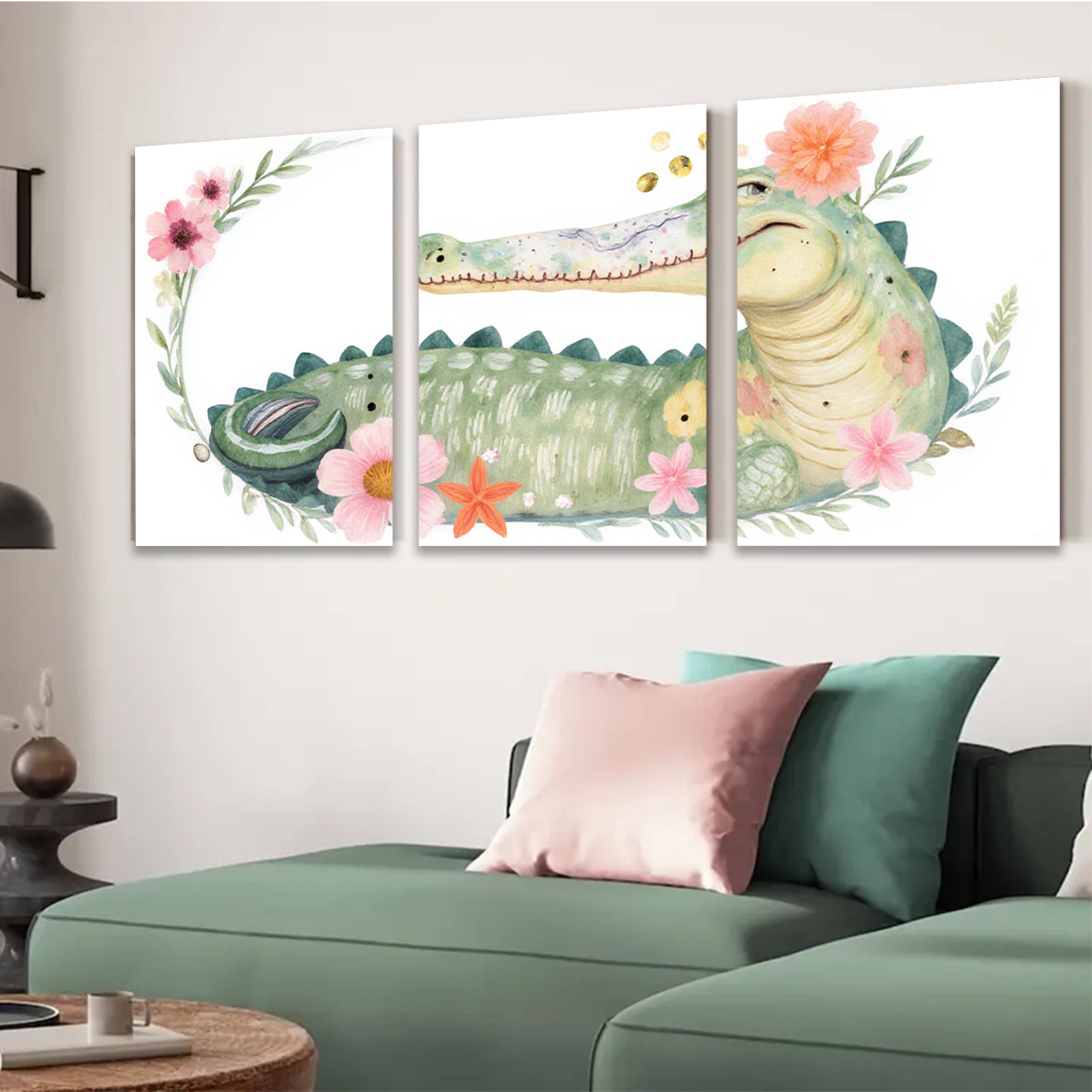 2D flat 1pc Whimsical Floral Crocodile Wall Art Nursery Decor Kids Room Playroom Canvas Prints Living Room Decoration Modern Farmhouse Style Rustic Chic Home Accents