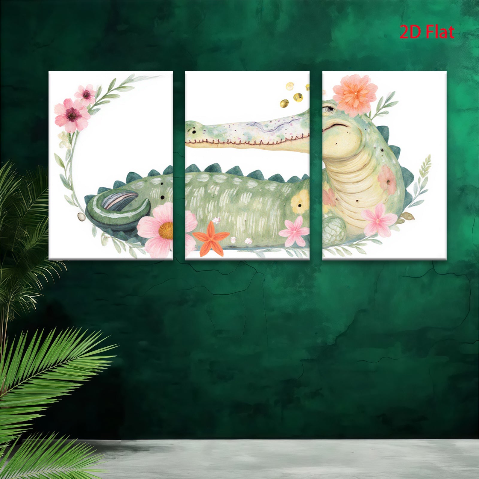 2D flat 1pc Whimsical Floral Crocodile Wall Art Nursery Decor Kids Room Playroom Canvas Prints Living Room Decoration Modern Farmhouse Style Rustic Chic Home Accents