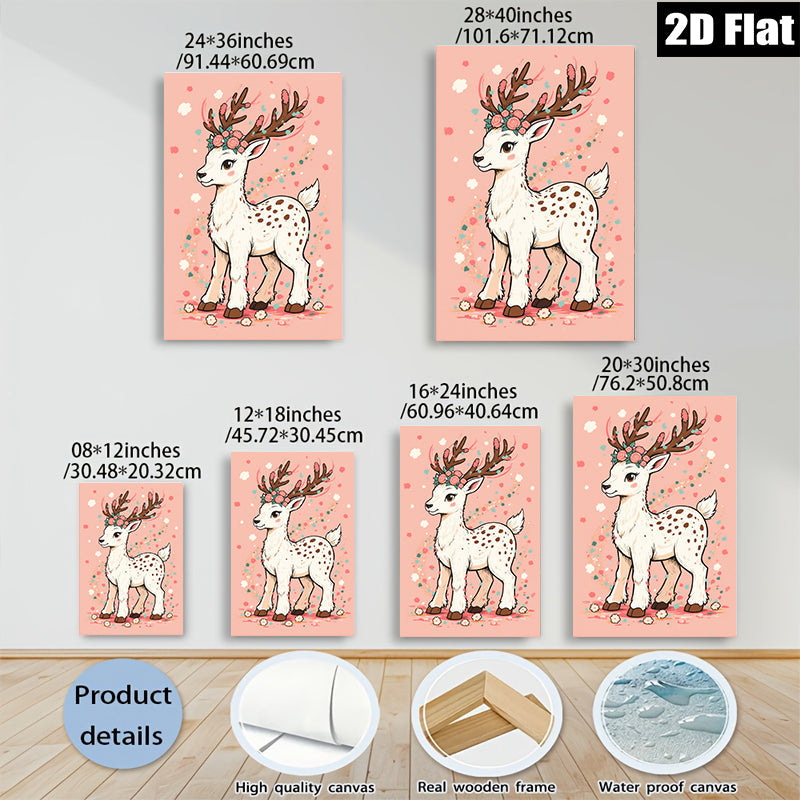 2D flat 1pc Whimsical Floral Deer Wall Art Kids Room Nursery Decor Boho Chic Modern Farmhouse Living Room Bedroom Gallery Wrapped Canvas Prints