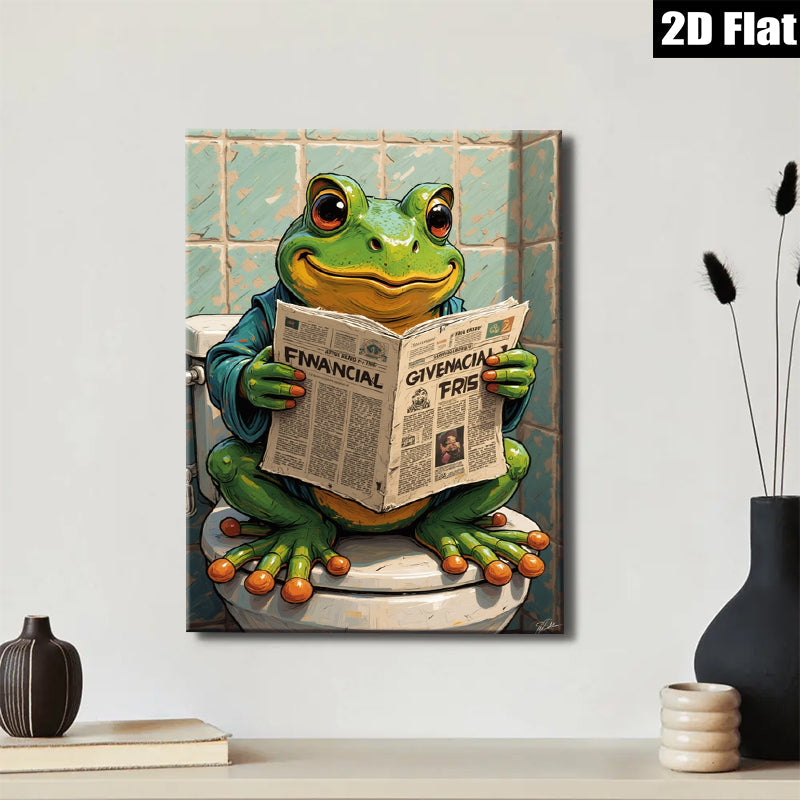 2D flat 1pc Whimsical Frog Reads Newspaper Bathroom Wall Art Decor Modern Farmhouse Living Room Canvas Prints Gallery Wrapped Ready To Hang Gift Ideas