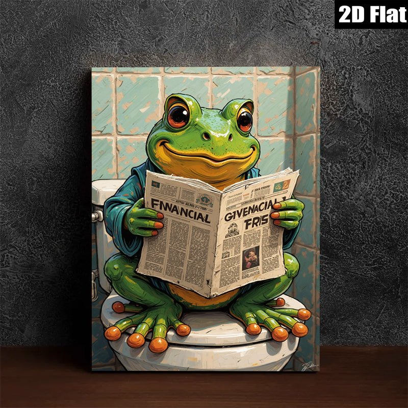 2D flat 1pc Whimsical Frog Reads Newspaper Bathroom Wall Art Decor Modern Farmhouse Living Room Canvas Prints Gallery Wrapped Ready To Hang Gift Ideas