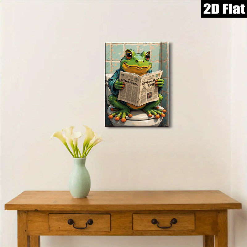 2D flat 1pc Whimsical Frog Reads Newspaper Bathroom Wall Art Decor Modern Farmhouse Living Room Canvas Prints Gallery Wrapped Ready To Hang Gift Ideas
