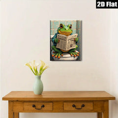 2D flat 1pc Whimsical Frog Reads Newspaper Bathroom Wall Art Decor Modern Farmhouse Living Room Canvas Prints Gallery Wrapped Ready To Hang Gift Ideas