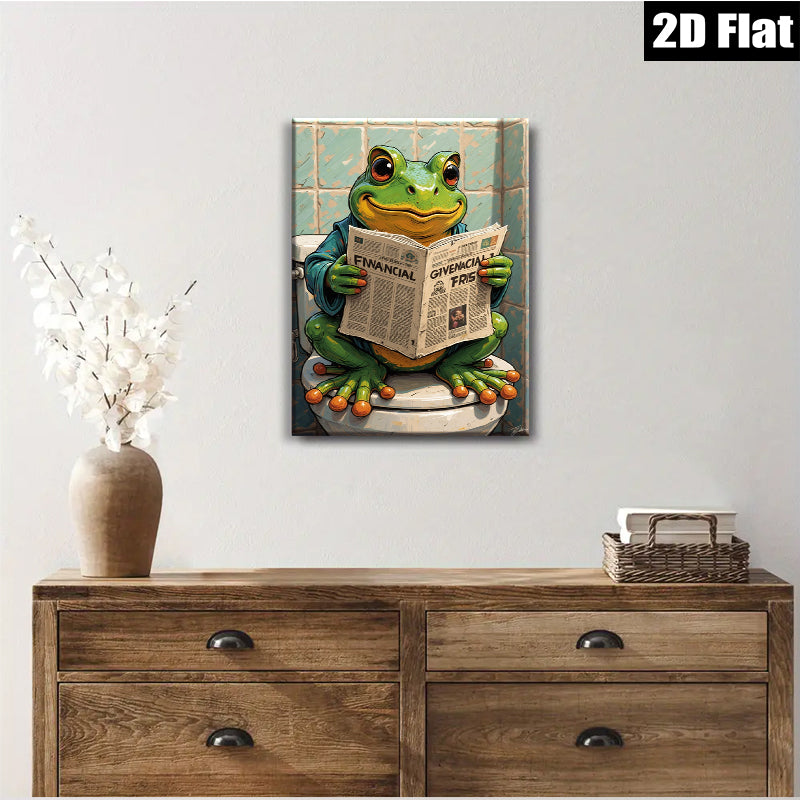 2D flat 1pc Whimsical Frog Reads Newspaper Bathroom Wall Art Decor Modern Farmhouse Living Room Canvas Prints Gallery Wrapped Ready To Hang Gift Ideas