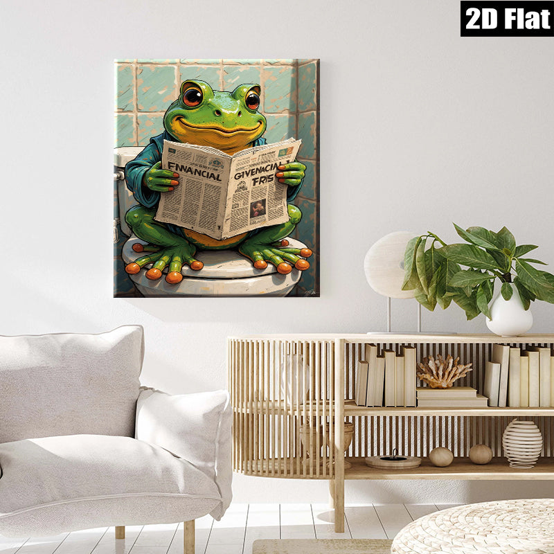 2D flat 1pc Whimsical Frog Reads Newspaper Bathroom Wall Art Decor Modern Farmhouse Living Room Canvas Prints Gallery Wrapped Ready To Hang Gift Ideas