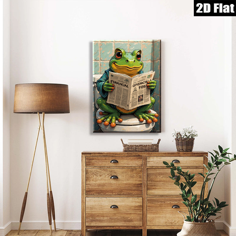 2D flat 1pc Whimsical Frog Reads Newspaper Bathroom Wall Art Decor Modern Farmhouse Living Room Canvas Prints Gallery Wrapped Ready To Hang Gift Ideas