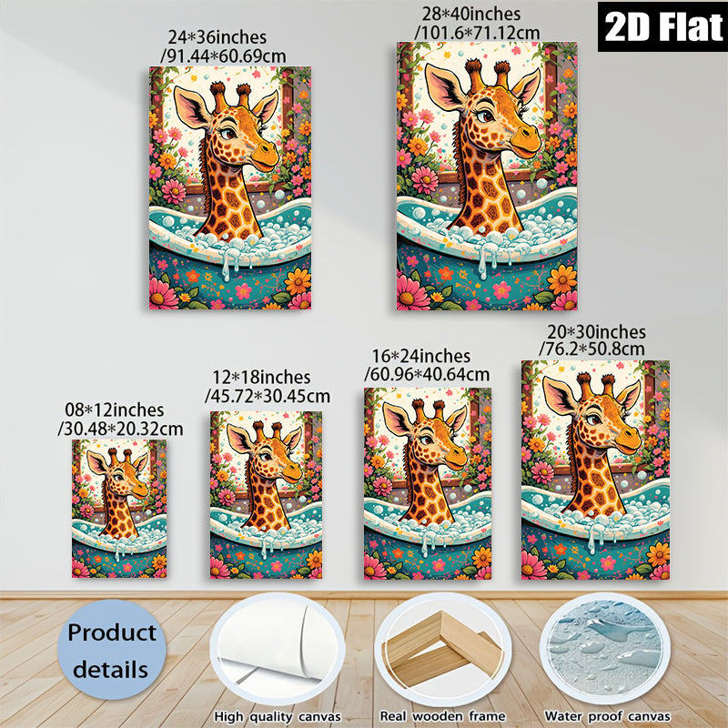 2D flat 1pc Whimsical Giraffe Bubble Bath Artwork Kids Room Playroom Nursery Decor Modern Farmhouse Wall Art Canvas Prints Living Room Bedroom
