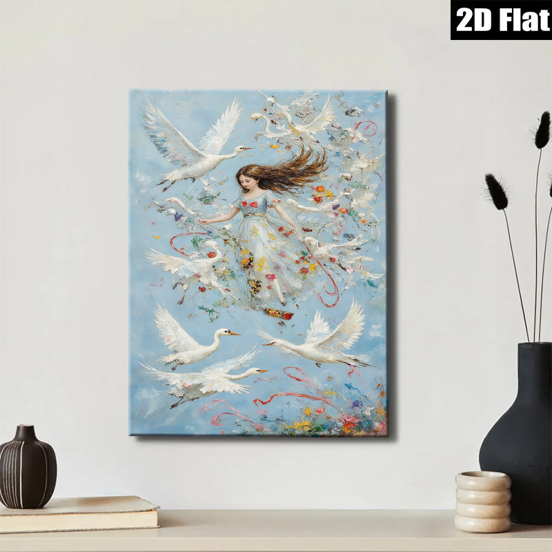 2D flat 1pc Whimsical Girl Surrounded by Soaring White Birds Floral Fantasy Wall Art Bedroom Living Room Decor Modern Farmhouse Style Canvas Prints Ready to Hang