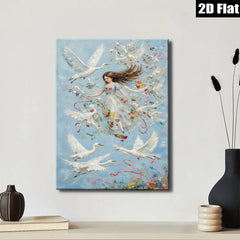 2D flat 1pc Whimsical Girl Surrounded by Soaring White Birds Floral Fantasy Wall Art Bedroom Living Room Decor Modern Farmhouse Style Canvas Prints Ready to Hang