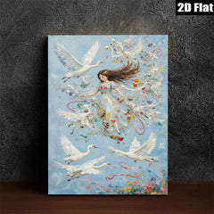 2D flat 1pc Whimsical Girl Surrounded by Soaring White Birds Floral Fantasy Wall Art Bedroom Living Room Decor Modern Farmhouse Style Canvas Prints Ready to Hang