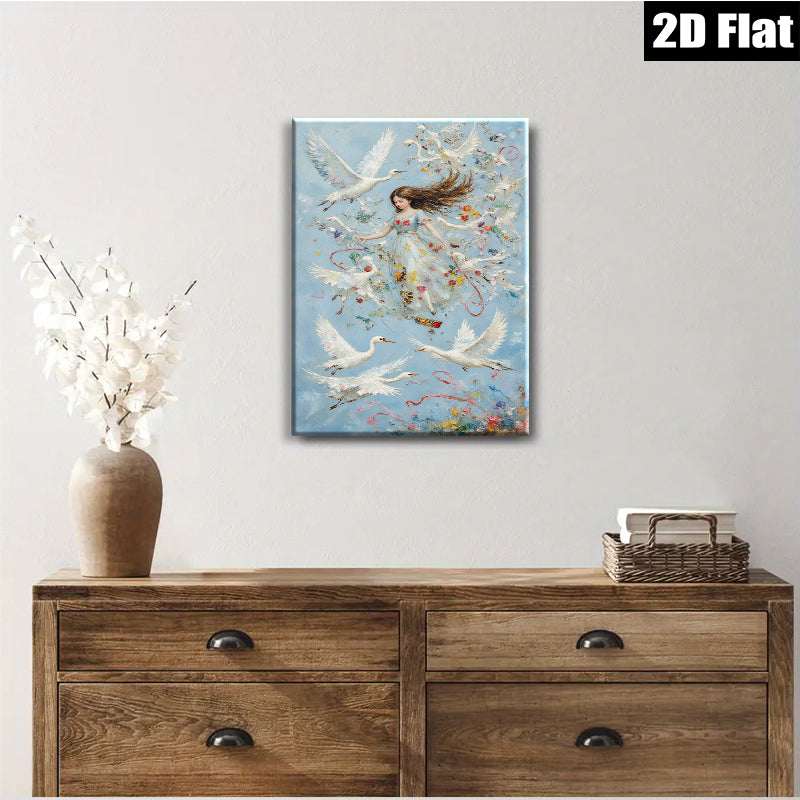 2D flat 1pc Whimsical Girl Surrounded by Soaring White Birds Floral Fantasy Wall Art Bedroom Living Room Decor Modern Farmhouse Style Canvas Prints Ready to Hang