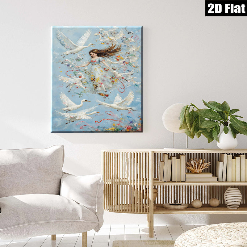 2D flat 1pc Whimsical Girl Surrounded by Soaring White Birds Floral Fantasy Wall Art Bedroom Living Room Decor Modern Farmhouse Style Canvas Prints Ready to Hang