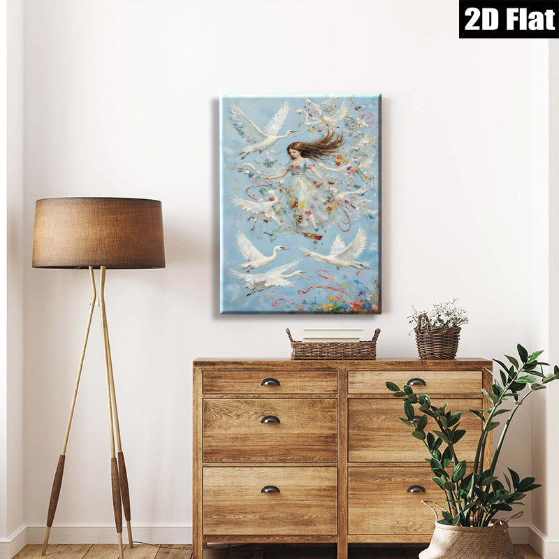 2D flat 1pc Whimsical Girl Surrounded by Soaring White Birds Floral Fantasy Wall Art Bedroom Living Room Decor Modern Farmhouse Style Canvas Prints Ready to Hang