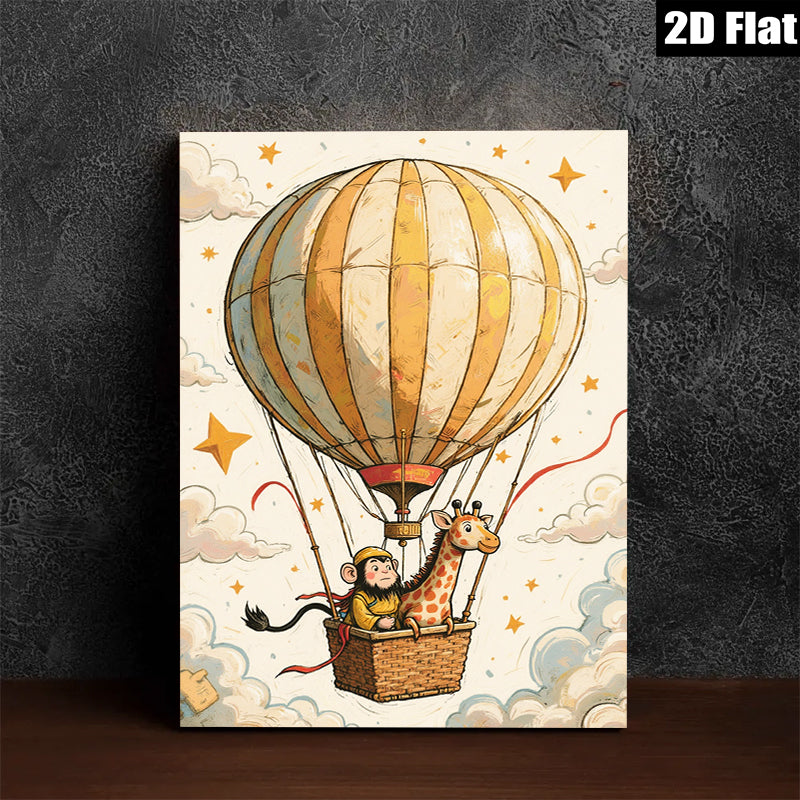 2D flat 1pc Whimsical Monkey Giraffe Hot Air Balloon Ride Kids Room Nursery Decor Wall Art Canvas Print Modern Farmhouse Living Room Decor Gift Idea