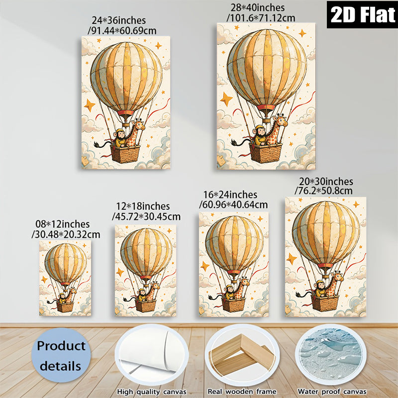 2D flat 1pc Whimsical Monkey Giraffe Hot Air Balloon Ride Kids Room Nursery Decor Wall Art Canvas Print Modern Farmhouse Living Room Decor Gift Idea