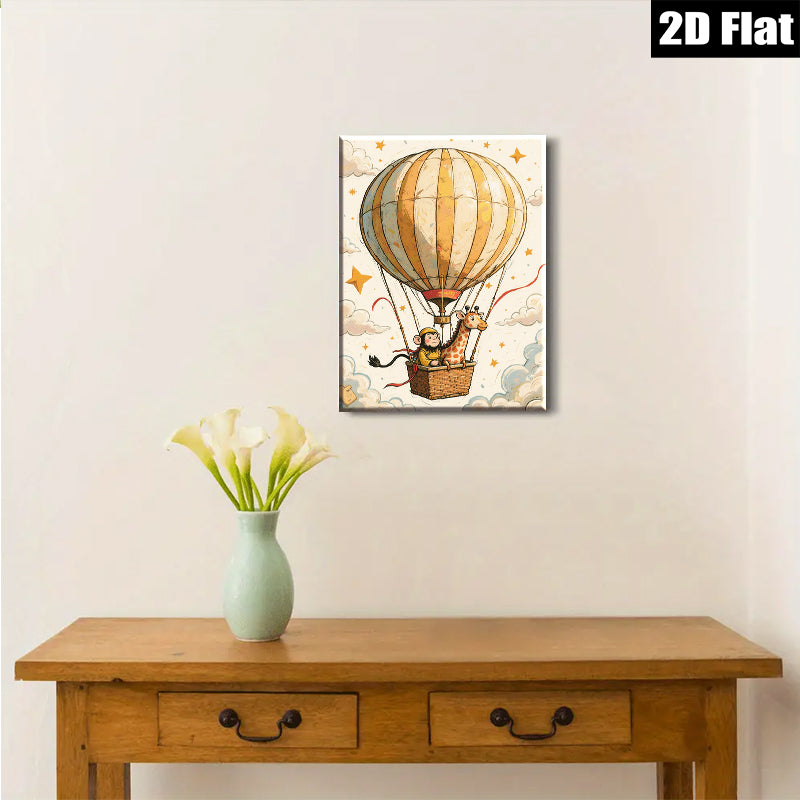 2D flat 1pc Whimsical Monkey Giraffe Hot Air Balloon Ride Kids Room Nursery Decor Wall Art Canvas Print Modern Farmhouse Living Room Decor Gift Idea
